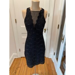 Nightway Black Sequin Lace Sheer Neckline V Neck Sleeveless Mini Dress Size 8
